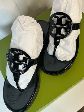 Tory Burch Black Patent Leather Wedge Sandals